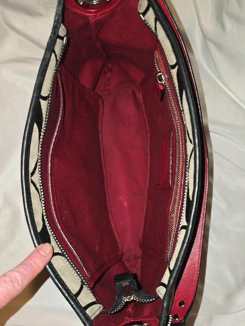 Coach Canvas Shoulder Bag in Red, Tan, Cream & Black. 14'W × 11' Tall.